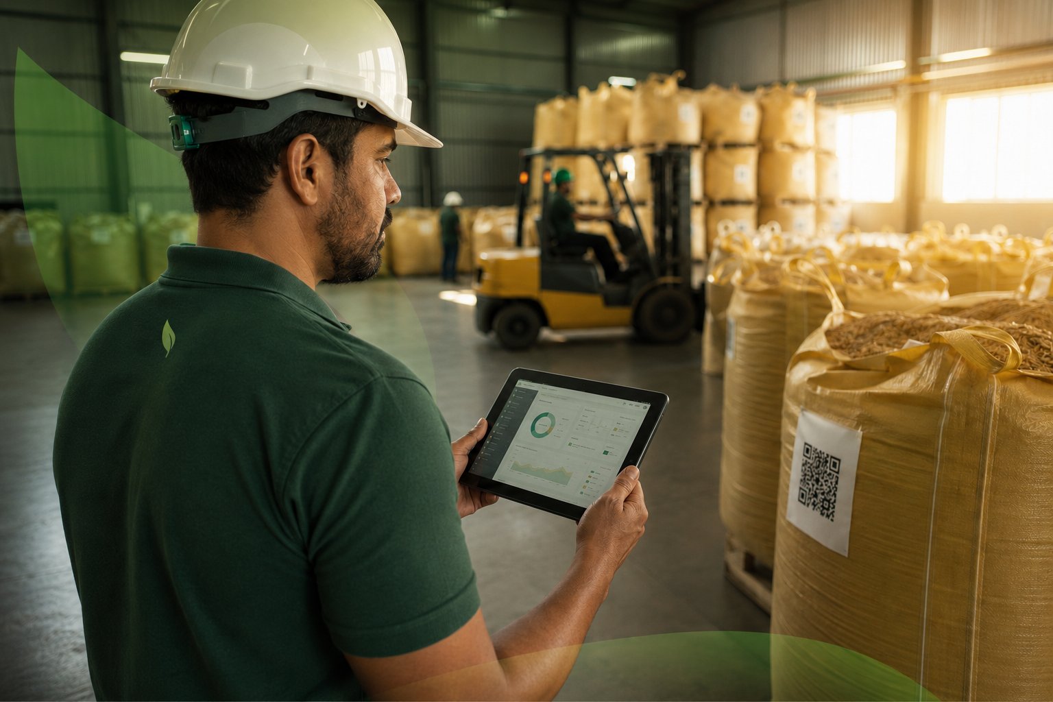 Operador Ataros com tablet em UBS com big bags e empilhadeira