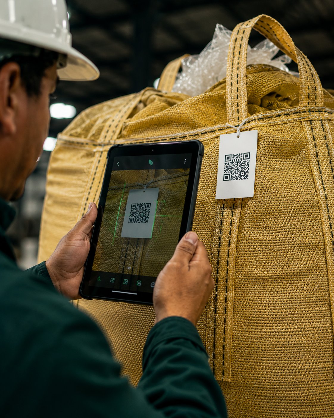 Operador escaneando o QR Code da bag com o tablet ATAROS