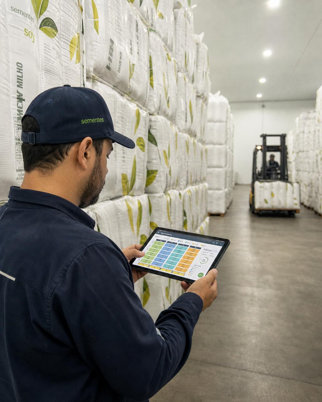 Operador com Ataros em tablet, empilhadeira ao fundo